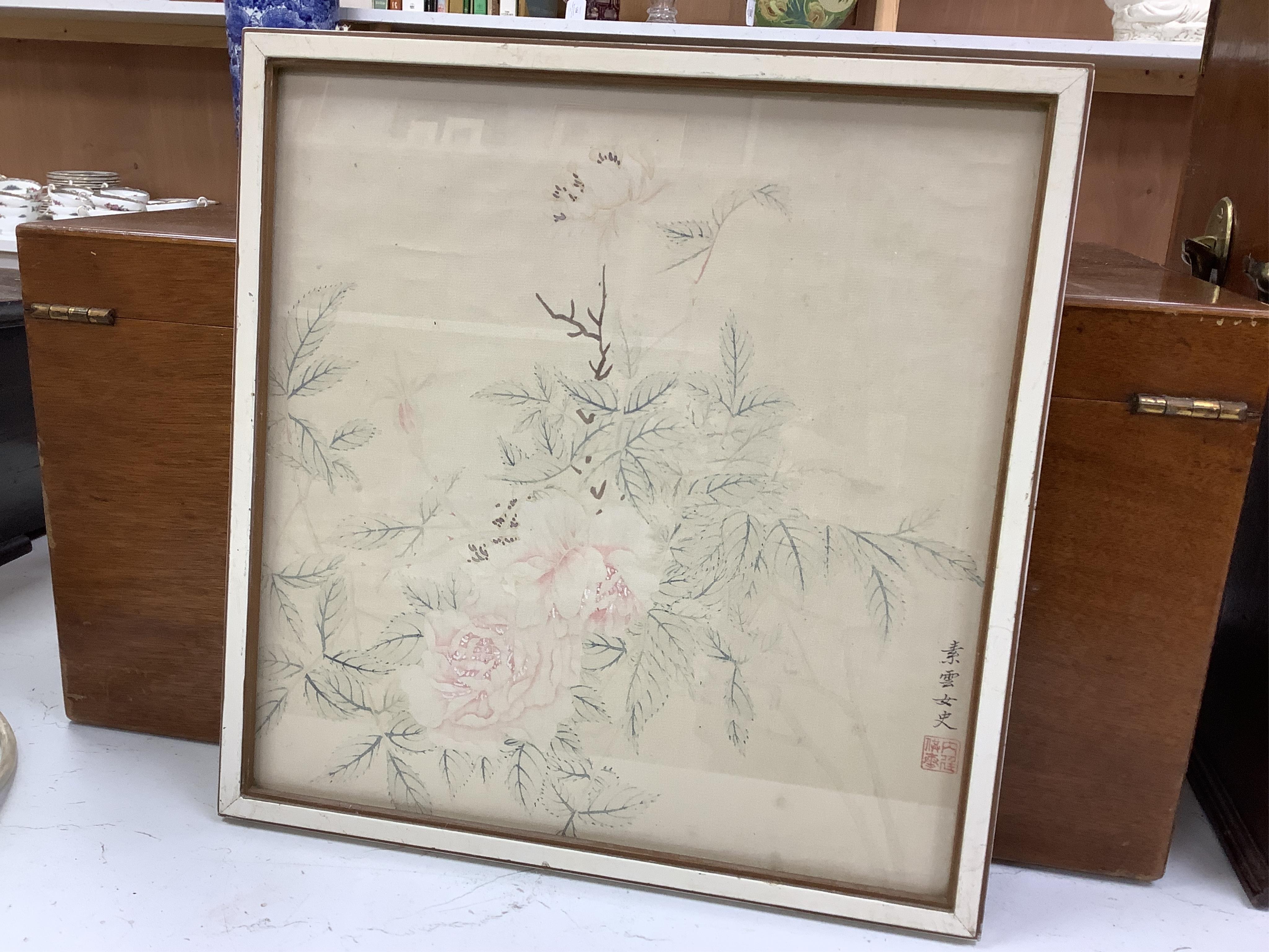 20th century, Japanese School, set of eight watercolours on silk, Flowers and insects, signed with character marks and red seal mark, 27 x 26cm. Condition - fair